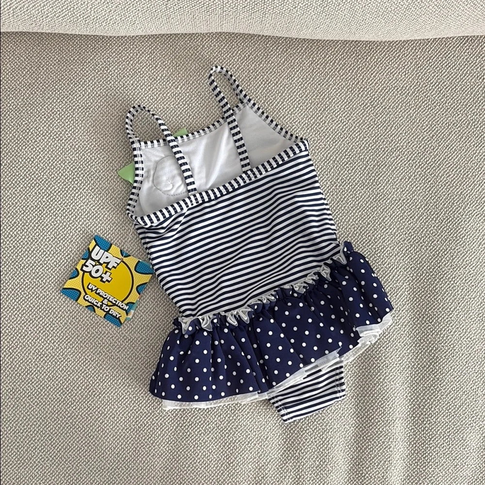 Little Me Stripe and Polka Dot Swimsuit with Floral Appliqué